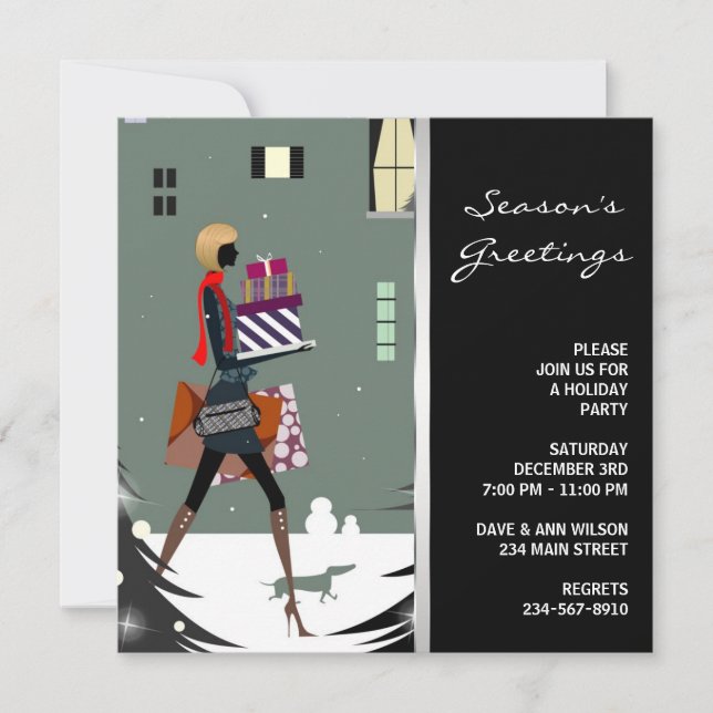 Chic Cosmopolitan Black Green Christmas Party Invitation (Front)