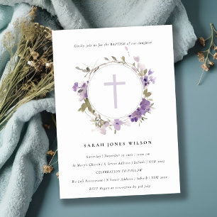 Chic Cottage Meadow Lilac Floral Wreath Baptism Invitation