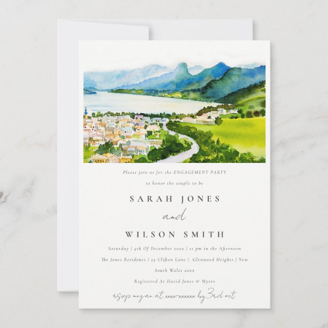 Chic Countryside Lake Village Landscape Engagement Invitation (Front)