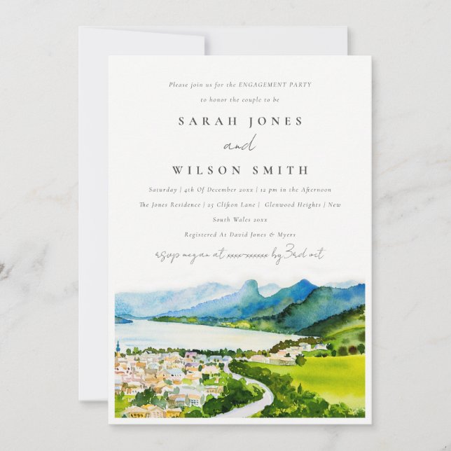 Chic Countryside Lake Village Landscape Engagement Invitation (Front)