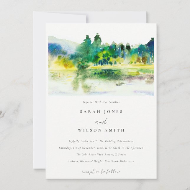 Chic Countryside Mountain River Landscape Wedding Invitation (Front)