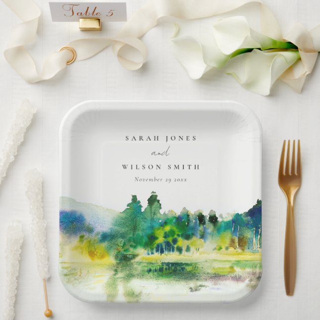 Chic Countryside Mountain River Landscape Wedding Paper Plate (Wedding)