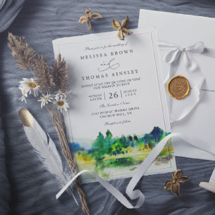 Chic Countryside Mountain River QR Code Wedding Invitation