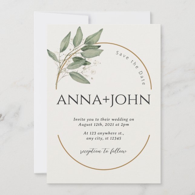 chic couple Greenery and Gold Wedding Invitation (Front)