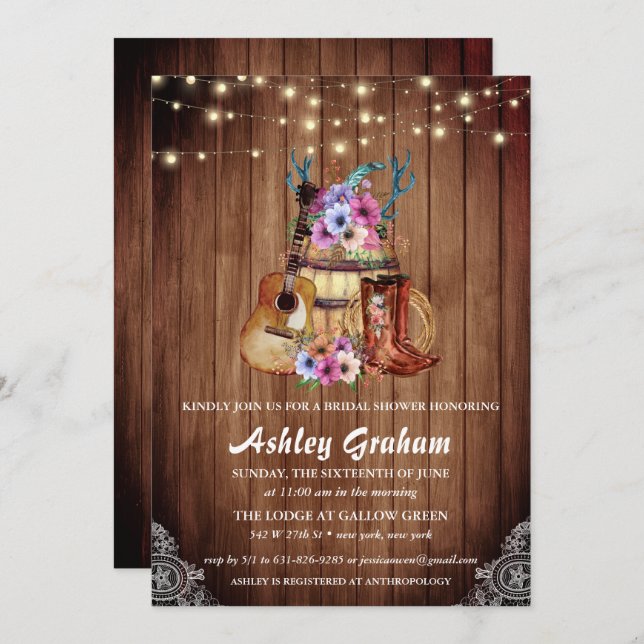 Chic Cowboy Boots Rustic Western Bridal Shower Invitation (Front/Back)