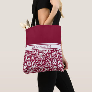 Chic Cranberry and White Damask Personalized Tote Bag