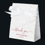 Chic Cranberry Red Calligraphy Thank You Favor Box<br><div class="desc">Elegant white on white filigree print pattern with your names and thank you in chic cranberry red (or any colour) lettering on the front,  these ribbon closure tent style party favour boxes are beautiful for wedding favours,  bridal shower favours or any special occasion.</div>
