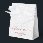 Chic Cranberry Red Calligraphy Thank You Favor Box<br><div class="desc">Elegant white on white filigree print pattern with your names and thank you in chic cranberry red (or any colour) lettering on the front,  these ribbon closure tent style party favour boxes are beautiful for wedding favours,  bridal shower favours or any special occasion.</div>