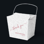 Chic Cranberry Thank You White Filigree Wedding Favor Box<br><div class="desc">Elegant white on white filigree print pattern with your names and thank you in cranberry red (or any colour) lettering on the front,  these takeout style party favour boxes are beautiful for wedding favours,  bridal shower favours or any special occasion.</div>