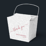 Chic Cranberry Thank You White Filigree Wedding Favor Box<br><div class="desc">Elegant white on white filigree print pattern with your names and thank you in cranberry red (or any colour) lettering on the front,  these takeout style party favour boxes are beautiful for wedding favours,  bridal shower favours or any special occasion.</div>
