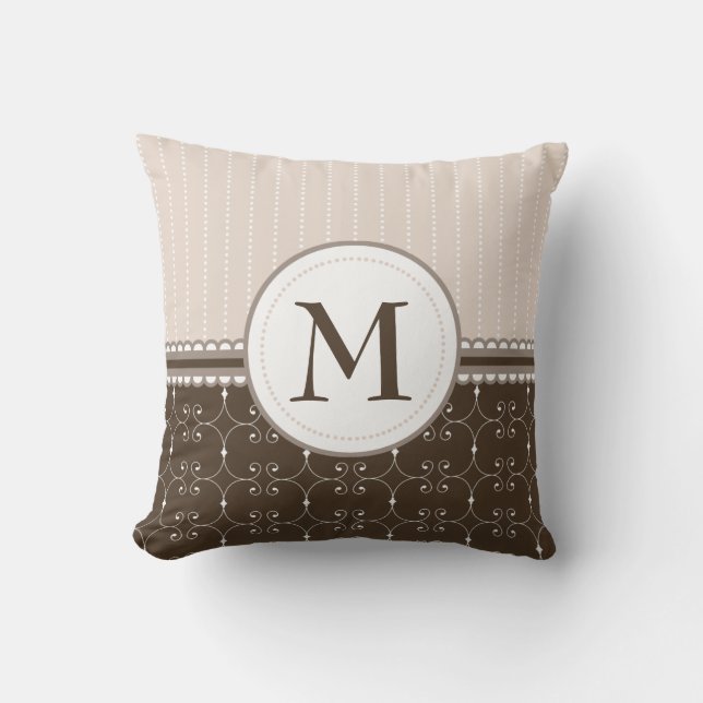Chic Cream Beige Brown Custom Monogram Pattern Throw Pillow (Front)
