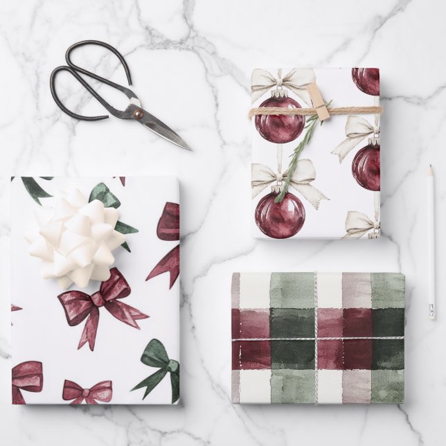 Chic Cream Brown Stripes Christmas Red Ornaments Wrapping Paper Sheet (Front)