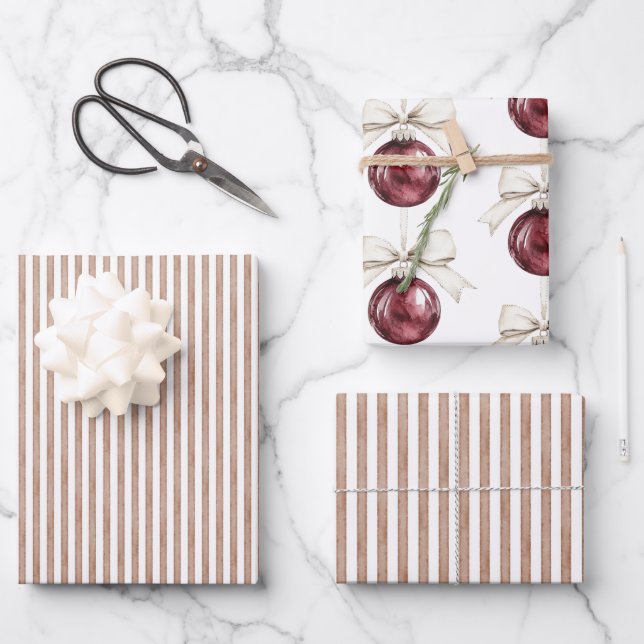 Chic Cream Brown Stripes Christmas Red Ornaments Wrapping Paper Sheet (Front)