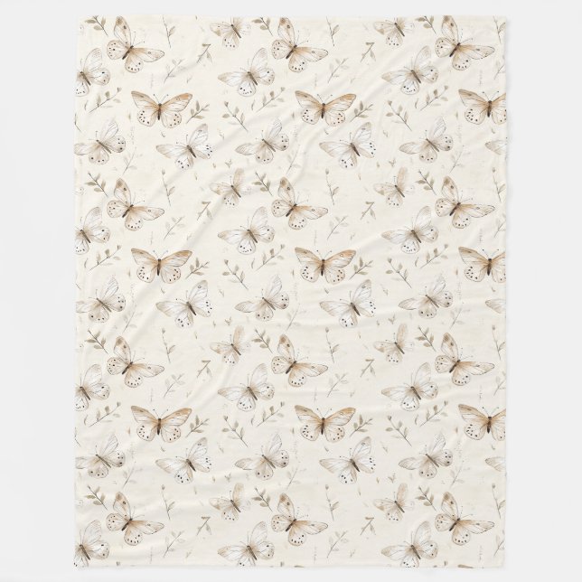 Chic Cream Butterflies Baby Shower Fleece Blanket (Front)
