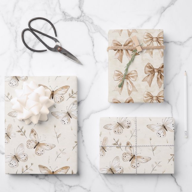 Chic Cream Butterflies Birthday Wrapping Paper Sheet (Front)