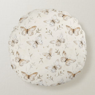 Chic Cream Butterflies   Round Pillow
