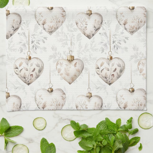 Chic Cream Grey Hearts Ornaments   Kitchen Towel (Folded)