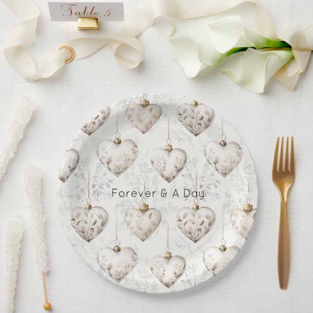 Chic Cream Grey Hearts Ornaments Wedding Paper Plate (Wedding)