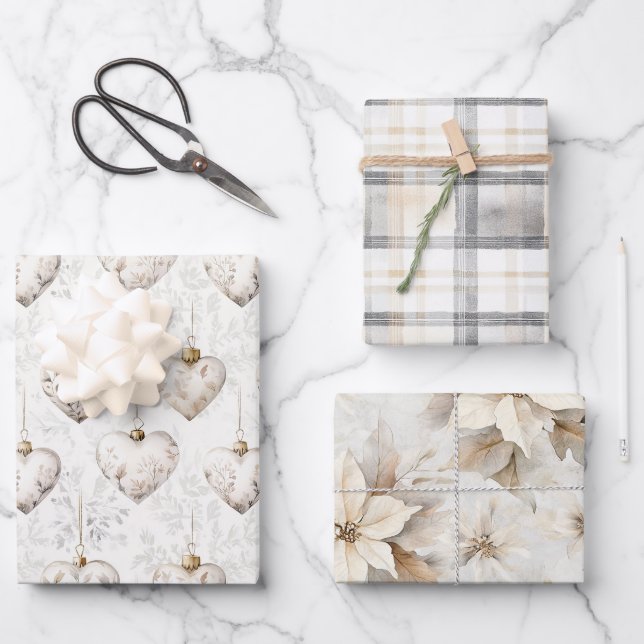 Chic Cream Grey Hearts Ornaments Wedding Wrapping Paper Sheet (Front)