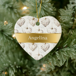 Chic Cream Hearts Gold Ribbon Christmas Ceramic Ornament