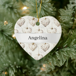 Chic Cream Hearts Silver Ribbon Christmas Ceramic Ornament