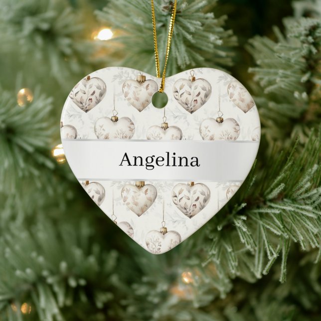 Chic Cream Hearts Silver Ribbon Christmas Ceramic Ornament (Tree)