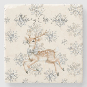 Chic Cream Silver Bow Reindeer Christmas Stone Coaster