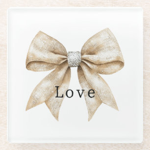 Chic Cream Silver Glam Bow Love Glass Coaster
