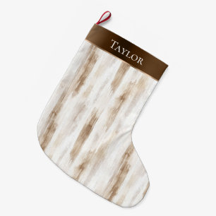 Chic Cream White Brown Stripes Christmas   Large Christmas Stocking