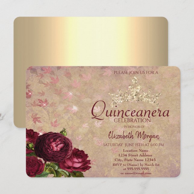 Chic Crown Red Roses Quinceañera    Invitation (Front/Back)