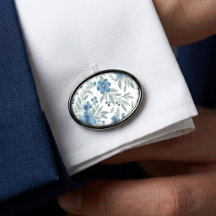 Chic Cufflinks With Blue And Sage Green Floral Art