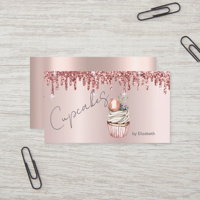  Chic Cupcakes Macaroon Rose Gold Drips  Business Card (Front/Back In Situ)