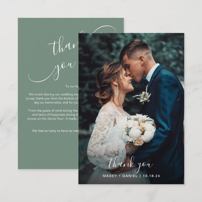 Chic Cursive Calligraphy Sage Green Photo Wedding Thank You Card (Front/Back)