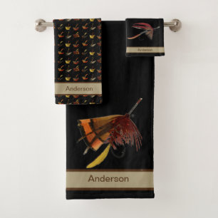 Chic Custom Black Tan Fly Fishing Flies Coastal  B Bath Towel Set