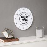 Chic Custom Business Logo and Text on White Large Clock<br><div class="desc">Replace the sample company logo and text with your own in the sidebar to create a chic wall clock for your business with a white background. Your logo can be in colour or black and white. Classic black numbers around the edge make it easy to tell the time. Your text...</div>