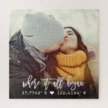 Chic Custom Coordinates Brush Script Photo Jigsaw Puzzle<br><div class="desc">Modern, chic script typography design reading ' Where it all began ' over your custom coordinates of the place you met your loved one. Your favourite photo makes this a unique gift for Valentine's Day, for newlyweds, or ( wedding ) anniversary. Both romantic and trendy stylish, our personal photo puzzle...</div>