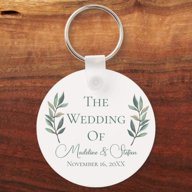 Chic Custom Eucalyptus Leaves Botanical Wedding Keychain (Front)