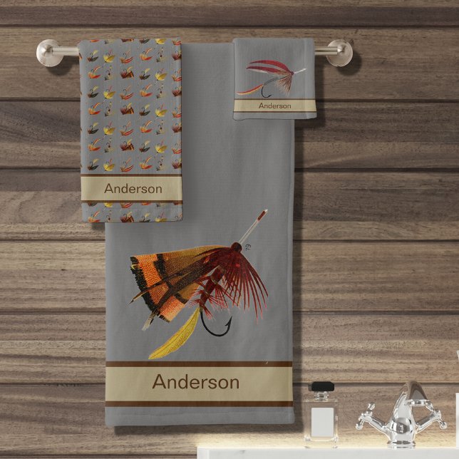 Chic Custom Grey Tan Fly Fishing Flies Coastal Bath Towel Set (Creator Uploaded)