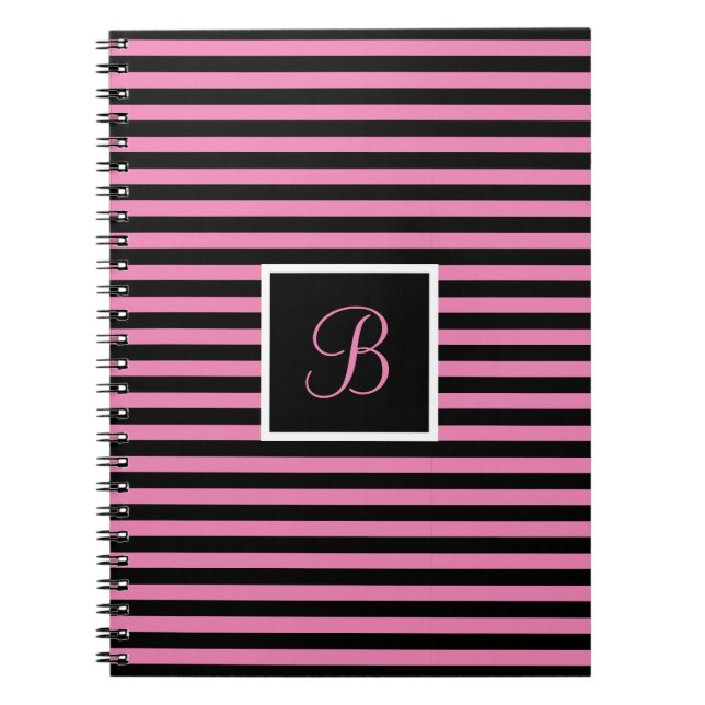 Chic Custom Initial Letter Pink and Black Striped Notebook (Front)
