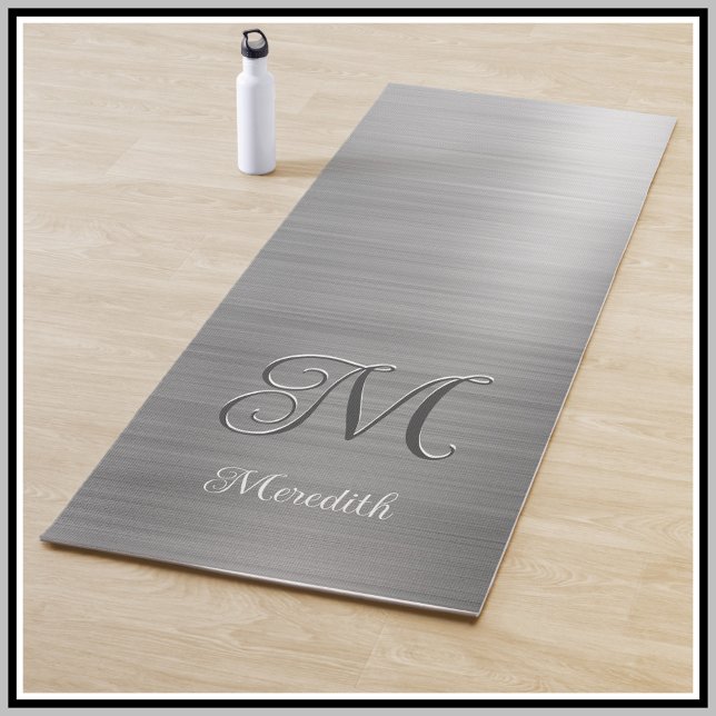 Chic Custom Monogram Grey Brushed Metallic Script  Yoga Mat (Creator Uploaded)