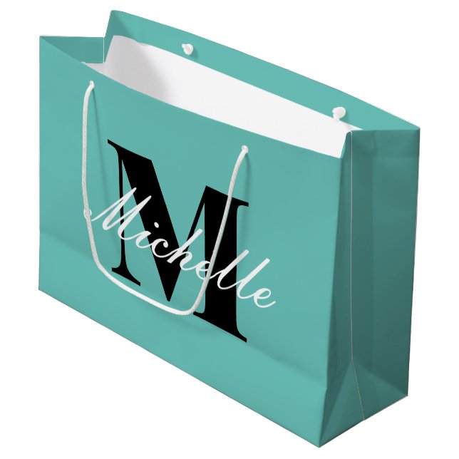 Chic custom monogram large teal blue gift bag (Front Angled)