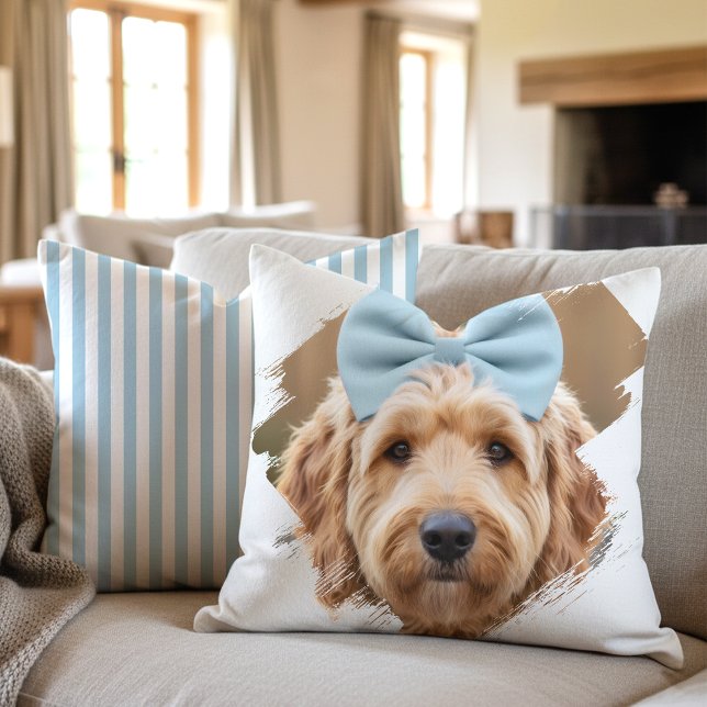 Chic Custom Photo Paint Brushstroke Dog Blue Throw Pillow (Creator Uploaded)