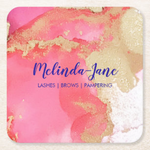 Chic Custom Pink Gold Purple Watercolor Blot Square Paper Coaster