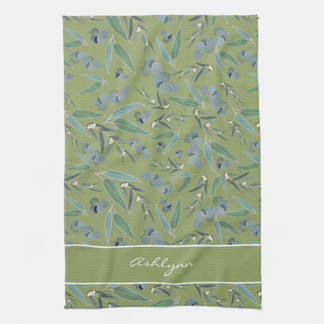 Chic Custom Sage Green Eucalyptus Pattern Kitchen Towel (Vertical)