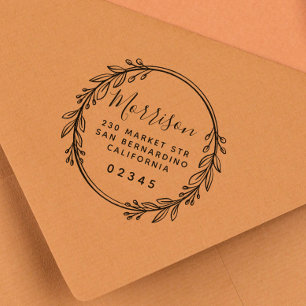 Chic Custom Script Botanical Wreath Return Address Self-inking Stamp
