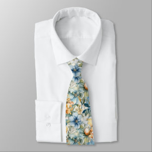 Chic Custom Watercolor Blue Gold Floral Pattern Tie