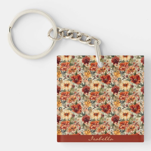 Chic Custom Watercolor Floral Pattern Keychain (Front)