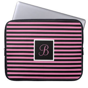 Chic Cute Initial Letter Pink and Black Striped Laptop Sleeve