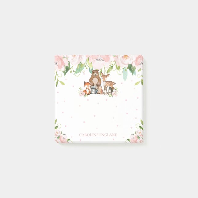 Chic Cute Woodland Animals Blush Pink Floral Post-it Notes (Front)