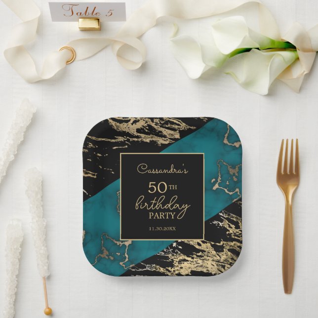 Chic Cyan Marble Gold Foil Paint Texture Birthday Paper Plate (Wedding)